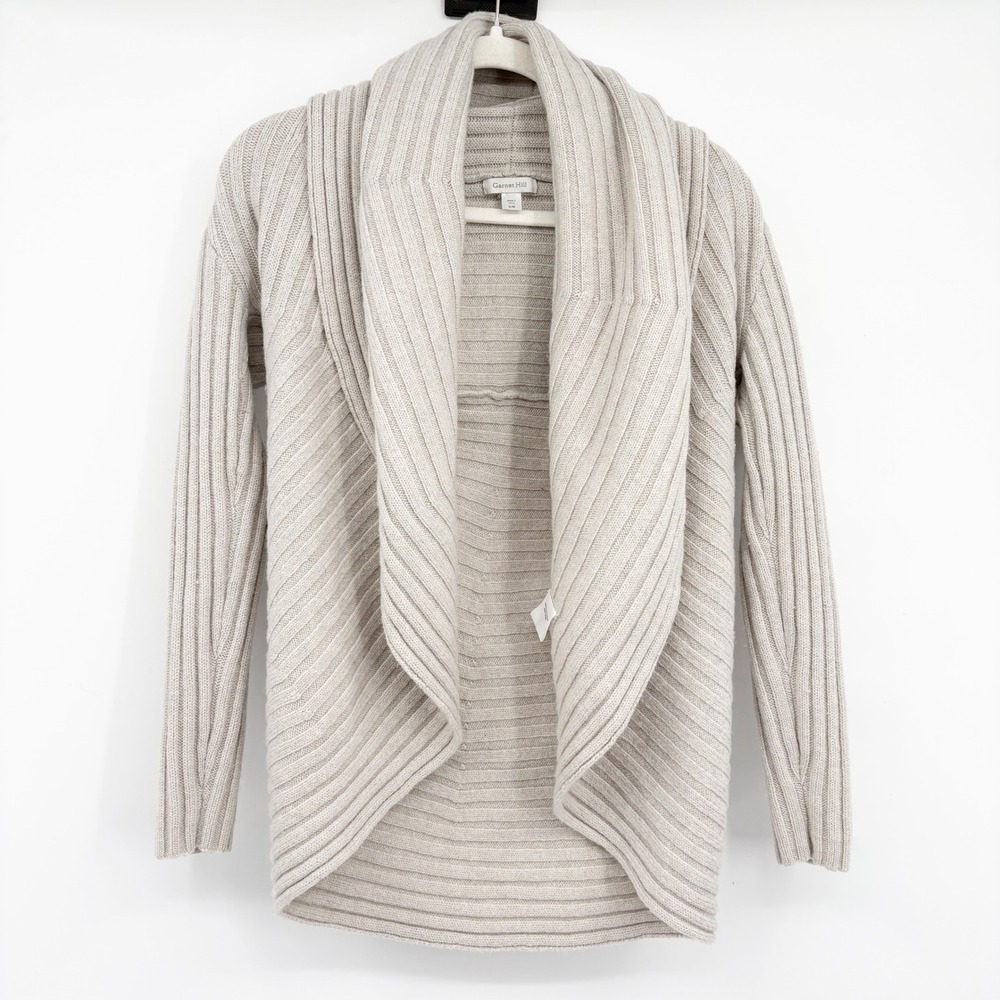 Garnet‎ Hill Womens Merino Wool Ribbed Draped Open Front Cardigan S/M Oatmeal